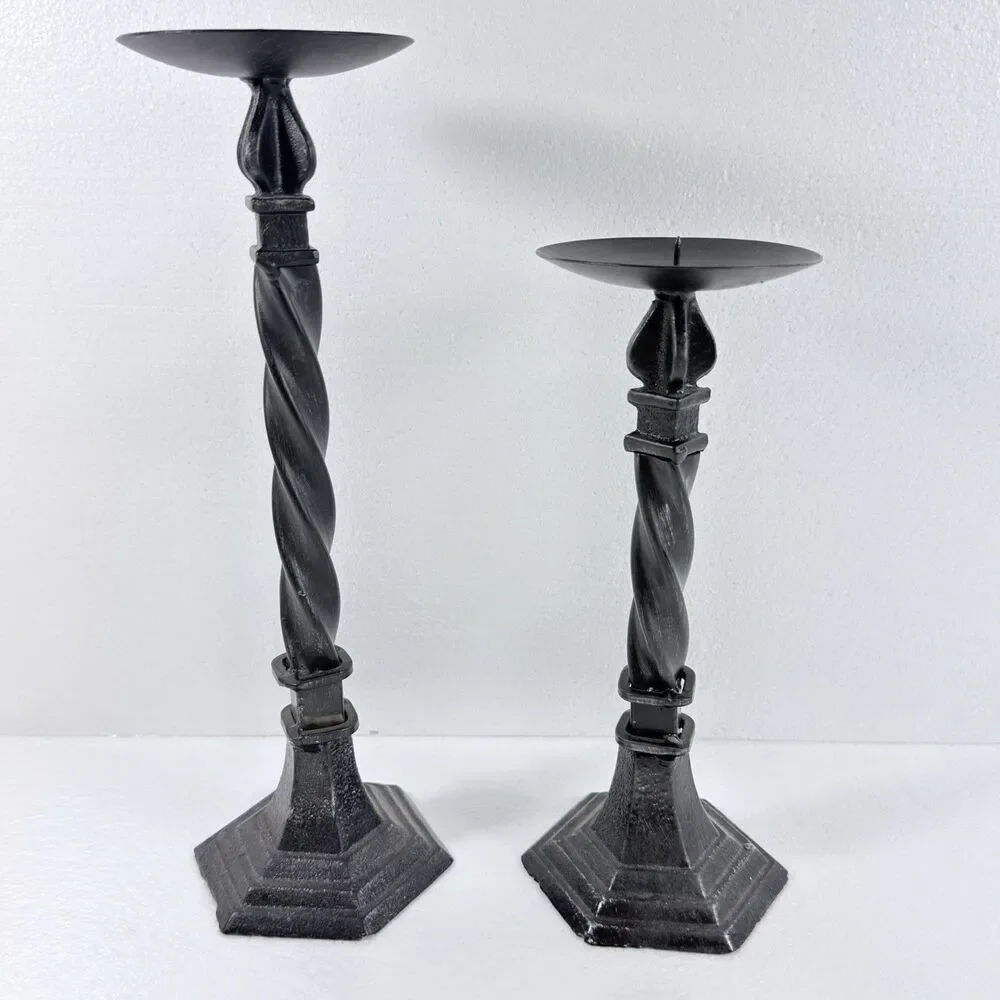 Vintage 2 Black Twist Cast Iron  Candle Holders 14